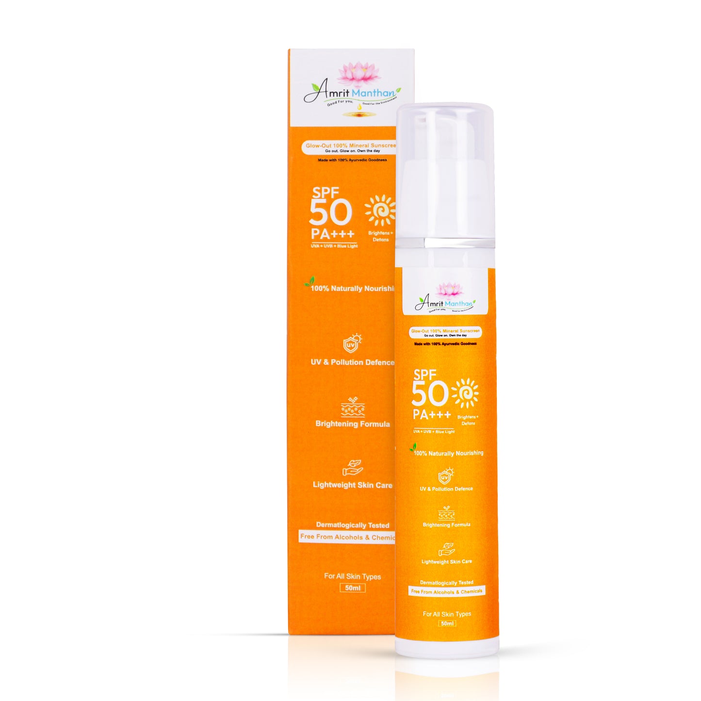 Amrit Manthan Glow out 100% Mineral sunscreen | Sunscreen SPF 50 PA+++ Fragrance & Alcohol Free | No White Cast