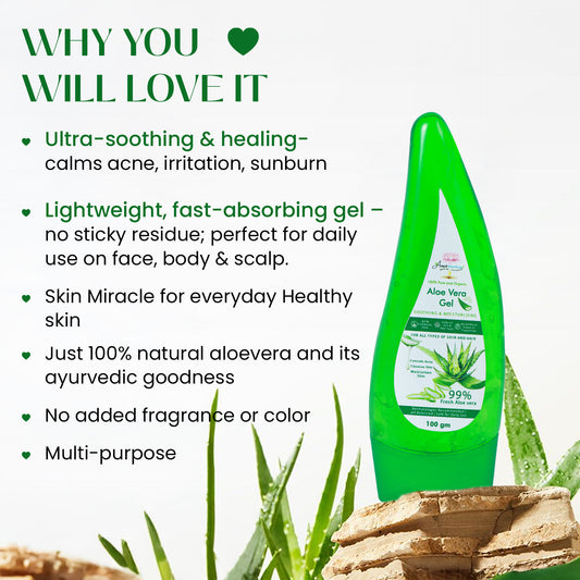 Green aloe vera gel bottle with text highlighting its benefits on a light background