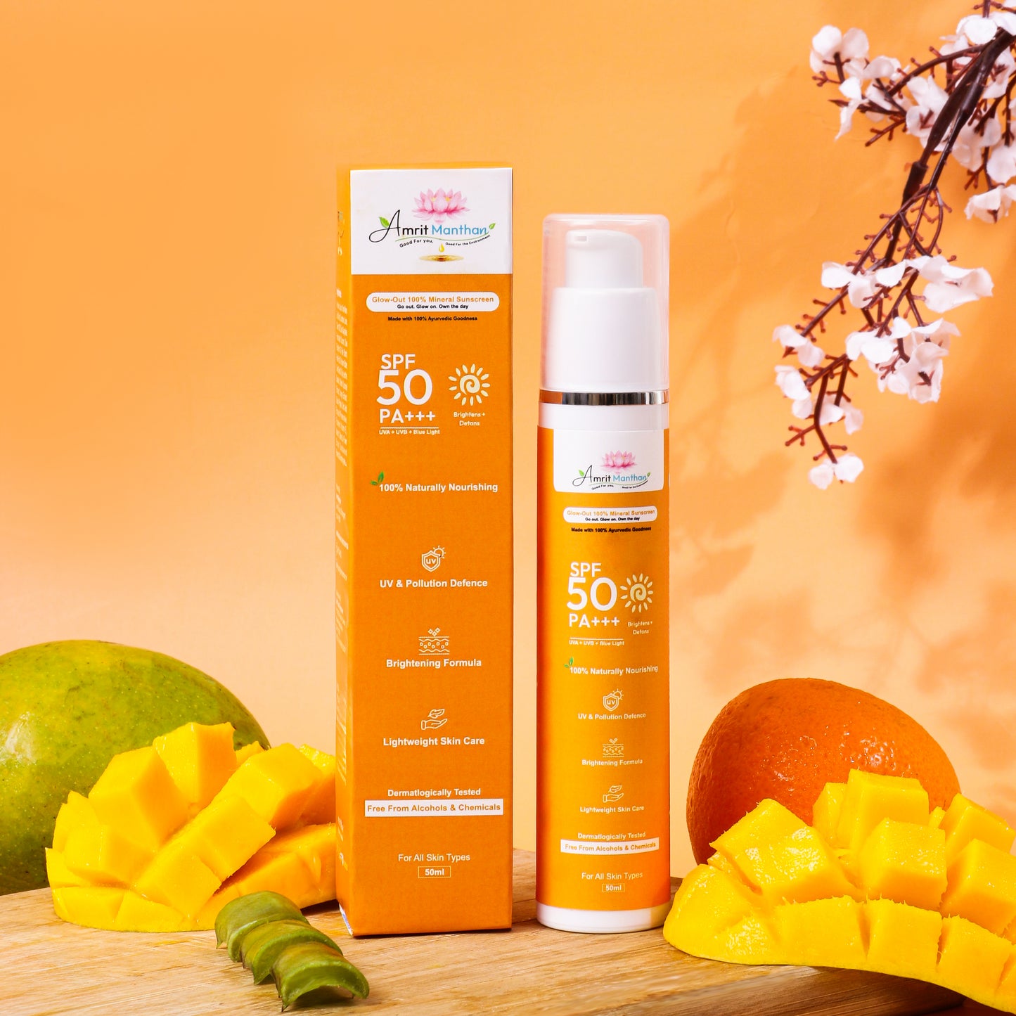 Amrit Manthan Glow out 100% Mineral sunscreen | Sunscreen SPF 50 PA+++ Fragrance & Alcohol Free | No White Cast