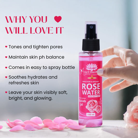 Amrit Manthan Real Rose face mist | 100% Steam Distilled Rose Water (edible grade) | No Alcohol, No Fragrance | Pure Facial Toner ; Multipurpose Mist | Safe for Skin, Hair & DIY | 100 ml