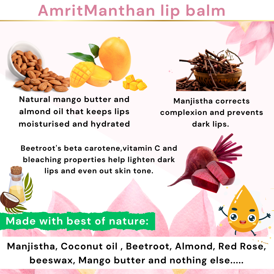 Amrit Manthan Extra Care and Shine 100% natural and edible Lip Balm with Manjhistha and beetroot for intensive lip care.