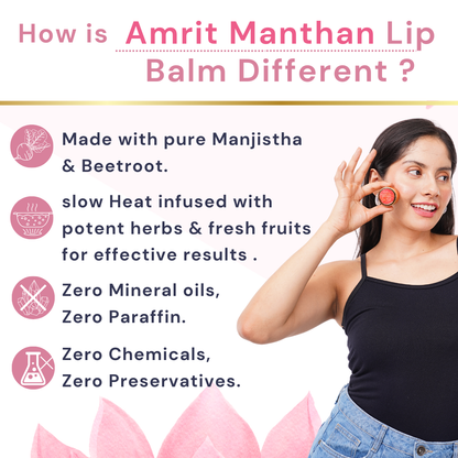 Amrit Manthan Extra Care and Shine 100% natural and edible Lip Balm with Manjhistha and beetroot for intensive lip care.