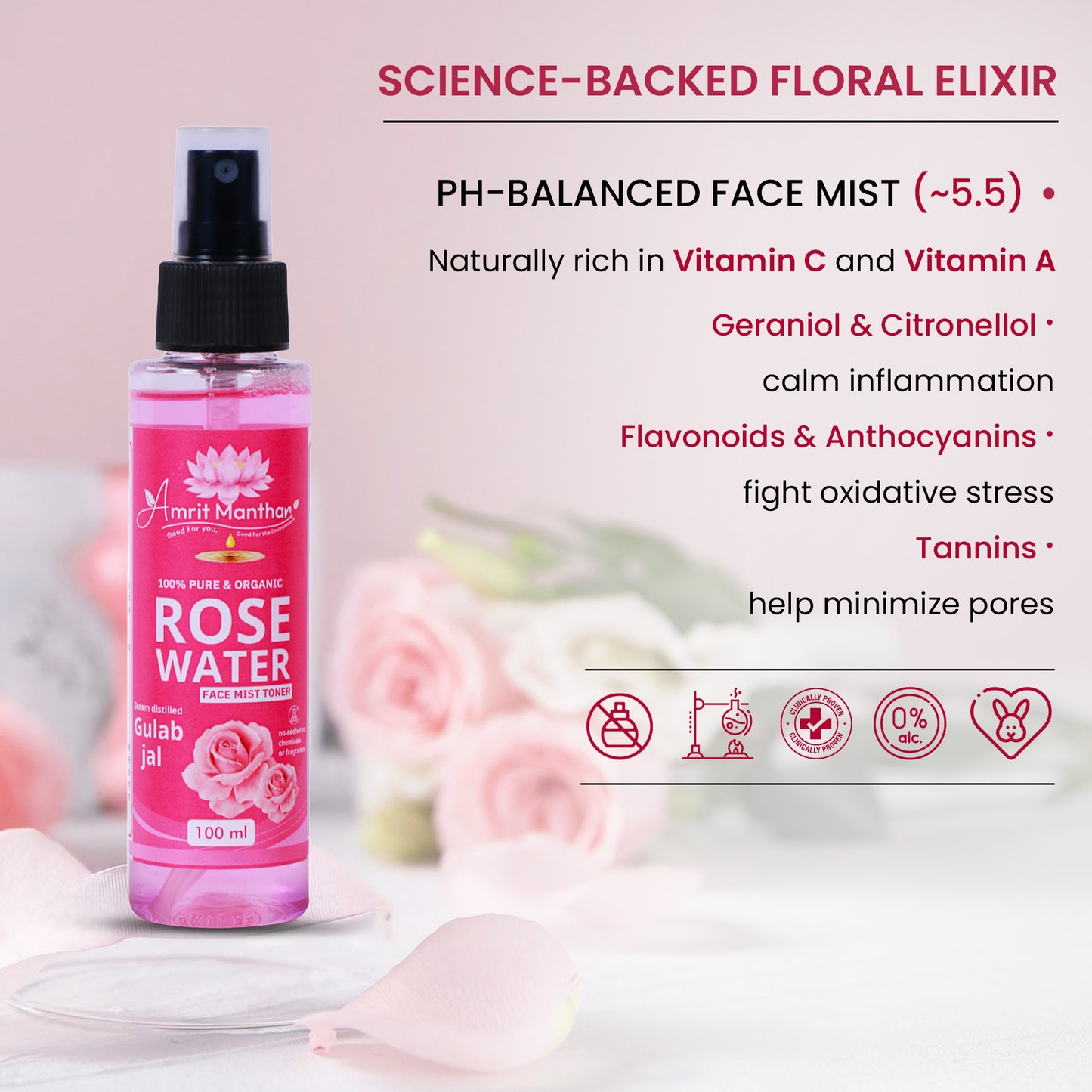 Amrit Manthan Real Rose face mist | 100% Steam Distilled Rose Water (edible grade) | No Alcohol, No Fragrance | Pure Facial Toner ; Multipurpose Mist | Safe for Skin, Hair & DIY | 100 ml