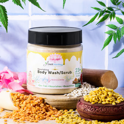 Jar of body wash/scrub with natural ingredients and plants on a light blue background