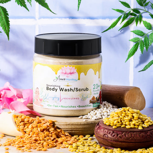 Jar of body wash/scrub with natural ingredients and plants on a light blue background